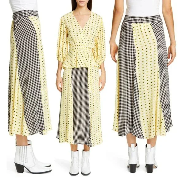 GANNI Daisy Printed Floral Crepe Paneled Maxi Skirt Gingham Yellow Flowy EU 40 - Picture 6 of 15